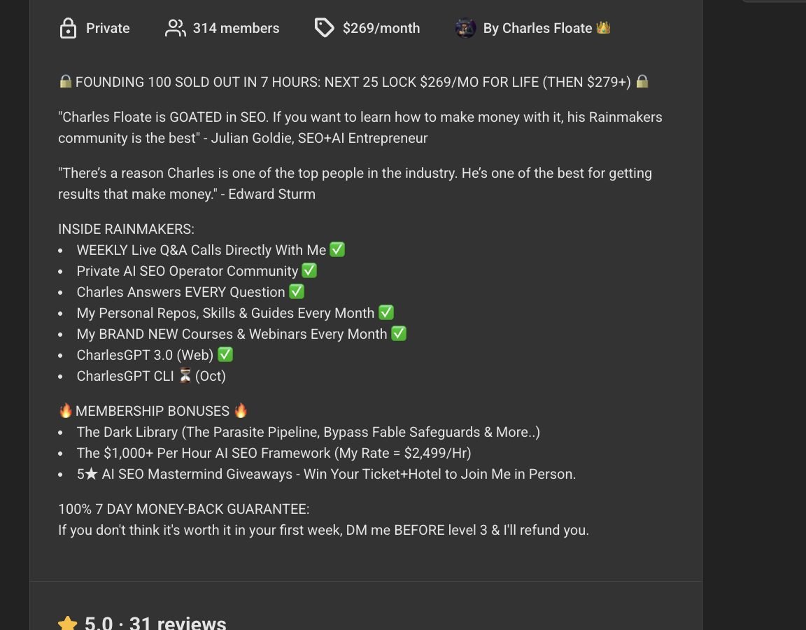 AI SEO Rainmakers Skool about page listing the membership bonuses with the 7-day money-back guarantee text at the bottom