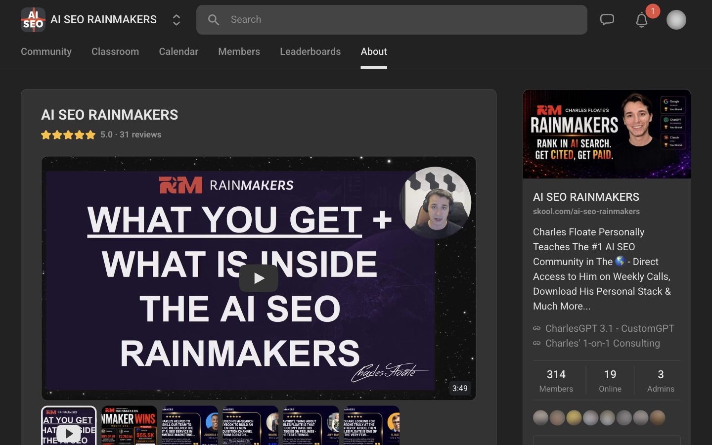 AI SEO Rainmakers about page on Skool showing $269 a month, 314 members and a 5.0 rating from 31 reviews