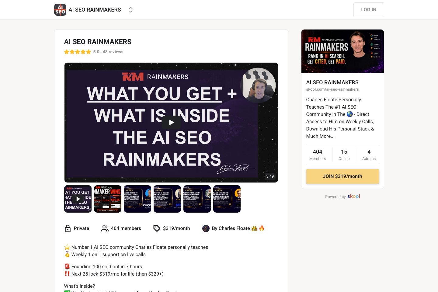 AI SEO Rainmakers Skool about page showing the monthly price, the member count and the review rating