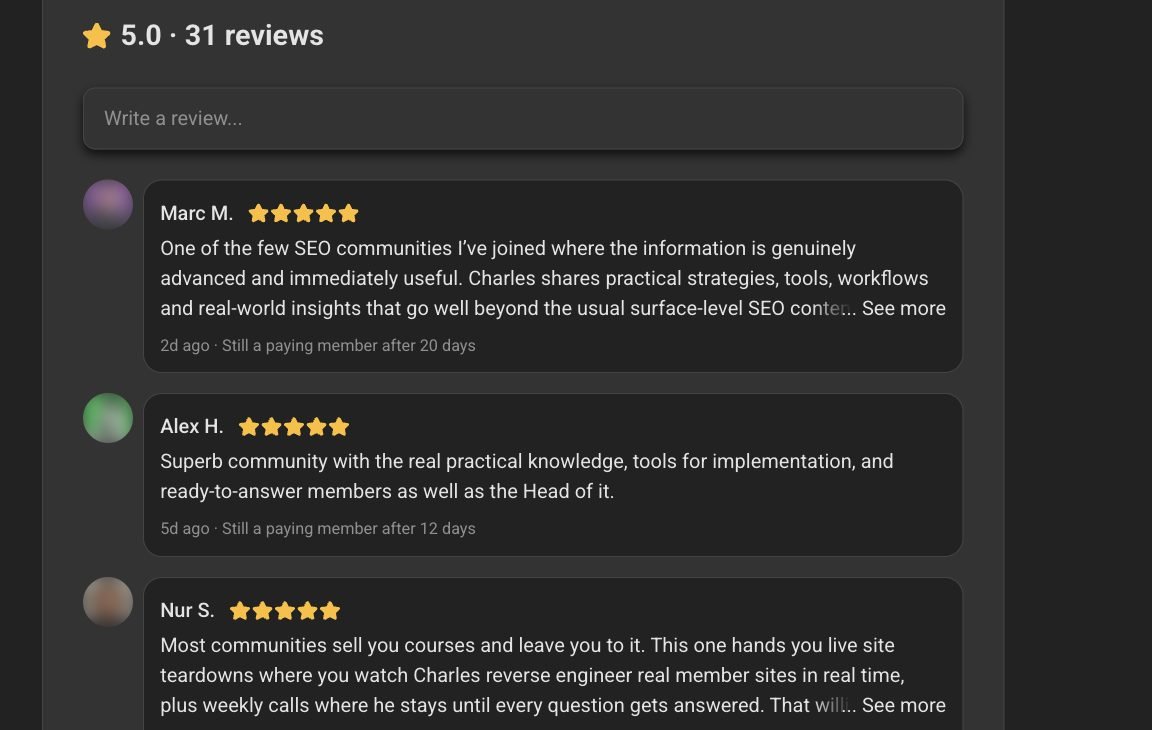 Review list on the Skool about page, 5.0 from 48 reviews, avatars and surnames blurred