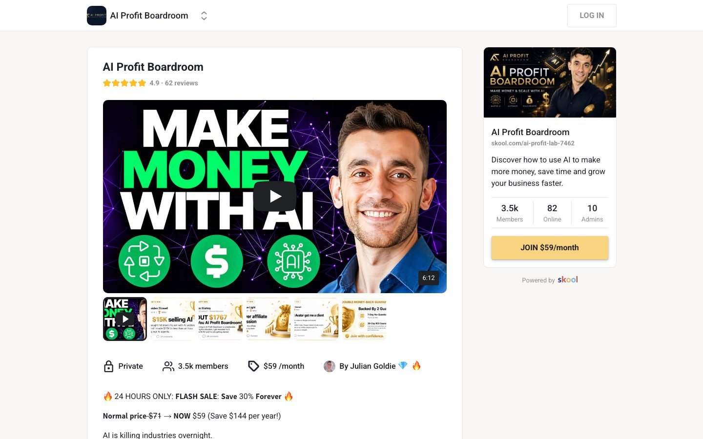 AI Profit Boardroom about page on Skool showing $59 a month, 3.5k members, 4.9 from 62 reviews and Julian Goldie as owner