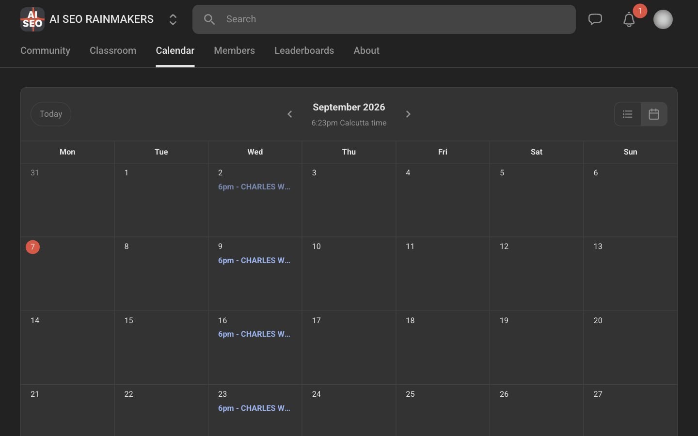 AI SEO Rainmakers Skool calendar showing the recurring Wednesday live Q&A call