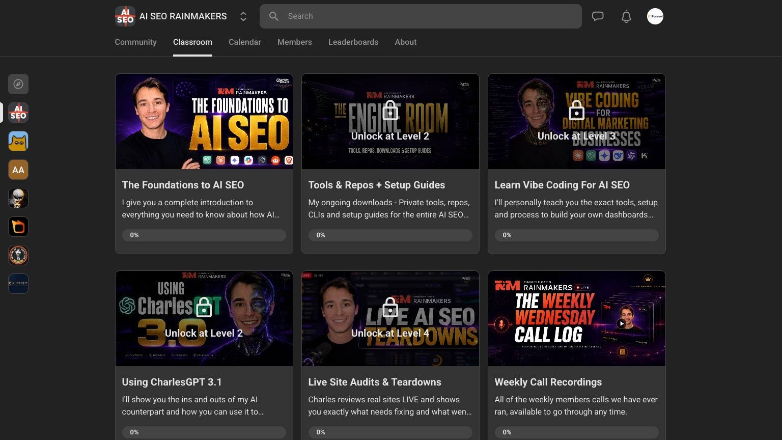 AI SEO Rainmakers classroom tab on day one with most courses locked behind engagement levels