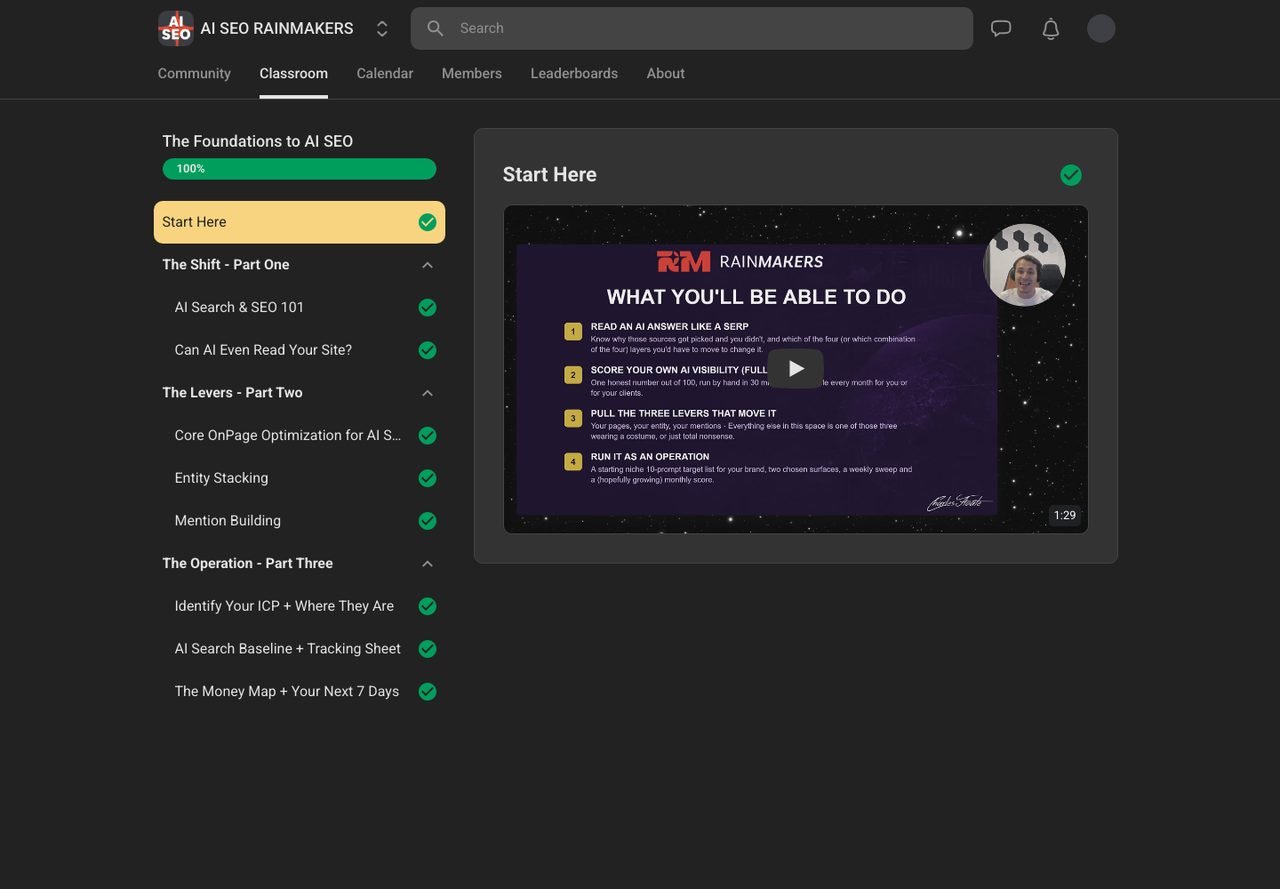 The Foundations to AI SEO course showing nine lessons grouped into The Shift, The Levers and The Operation