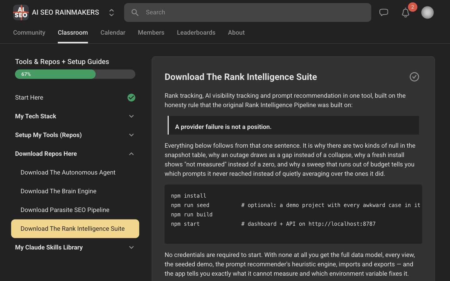 Tools and Repos course sidebar listing the tech stack, setup guides, four downloadable repos and the Claude Skills Library