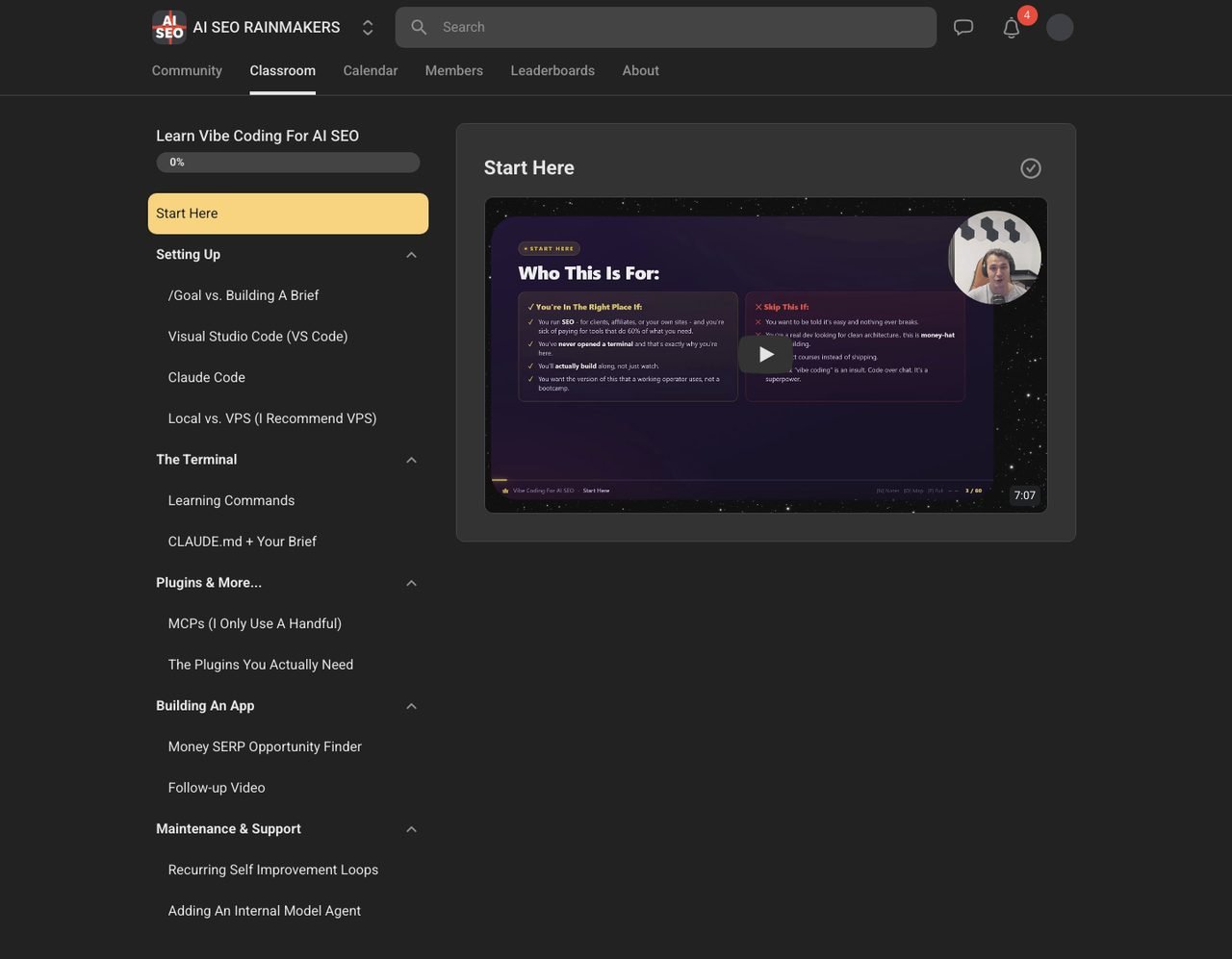 Learn Vibe Coding for AI SEO course with thirteen lessons across Setting Up, The Terminal, Plugins, Building An App and Maintenance