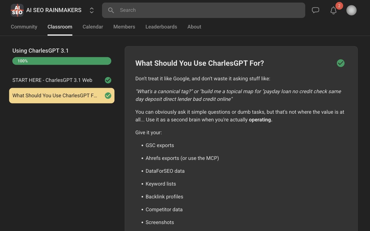 Using CharlesGPT 3.1 course inside AI SEO Rainmakers showing two written lessons, START HERE CharlesGPT 3.1 Web and What Should You Use CharlesGPT For