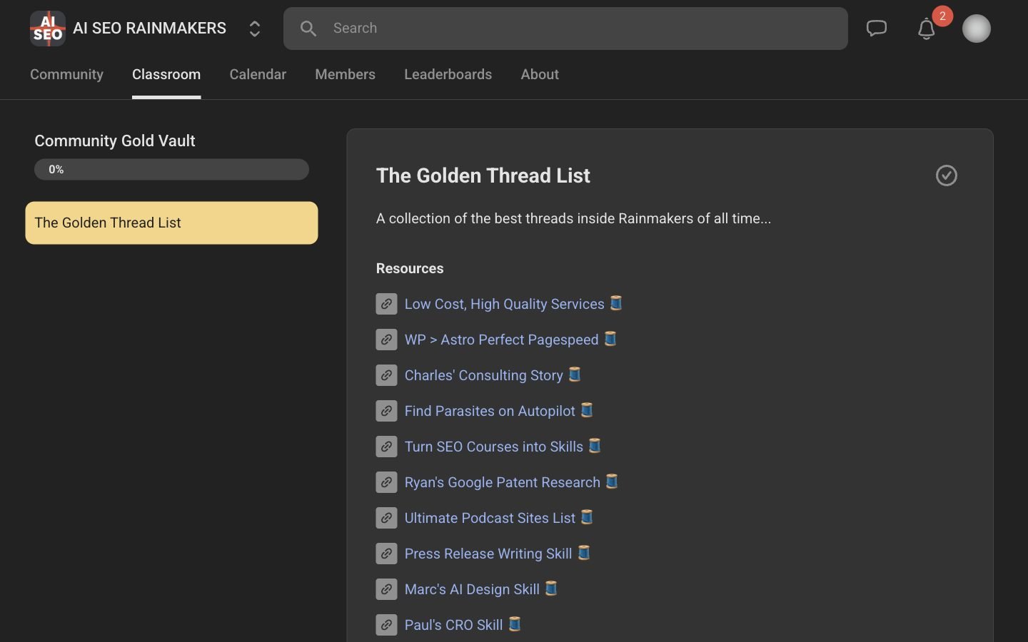Community Gold Vault course inside AI SEO Rainmakers showing the Golden Thread List lesson