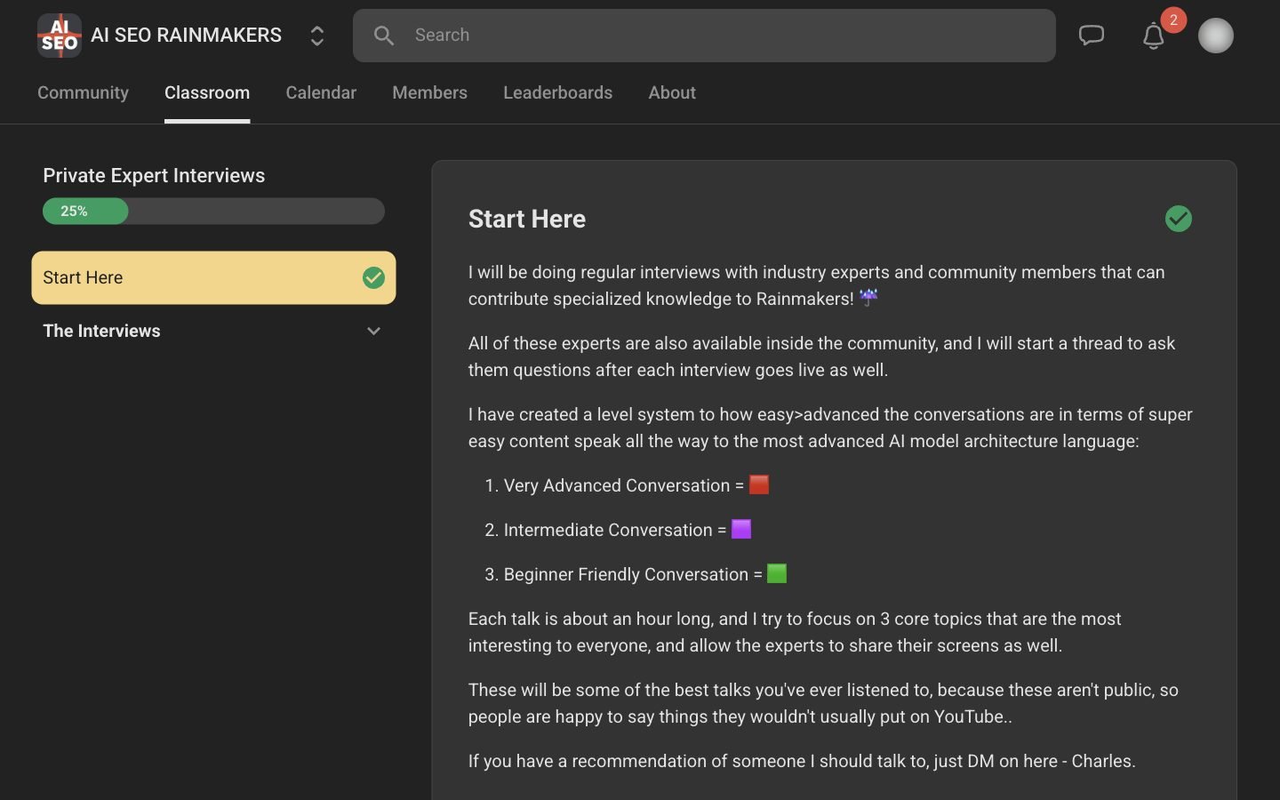 Private Expert Interviews course inside AI SEO Rainmakers with the colour level key and one published interview