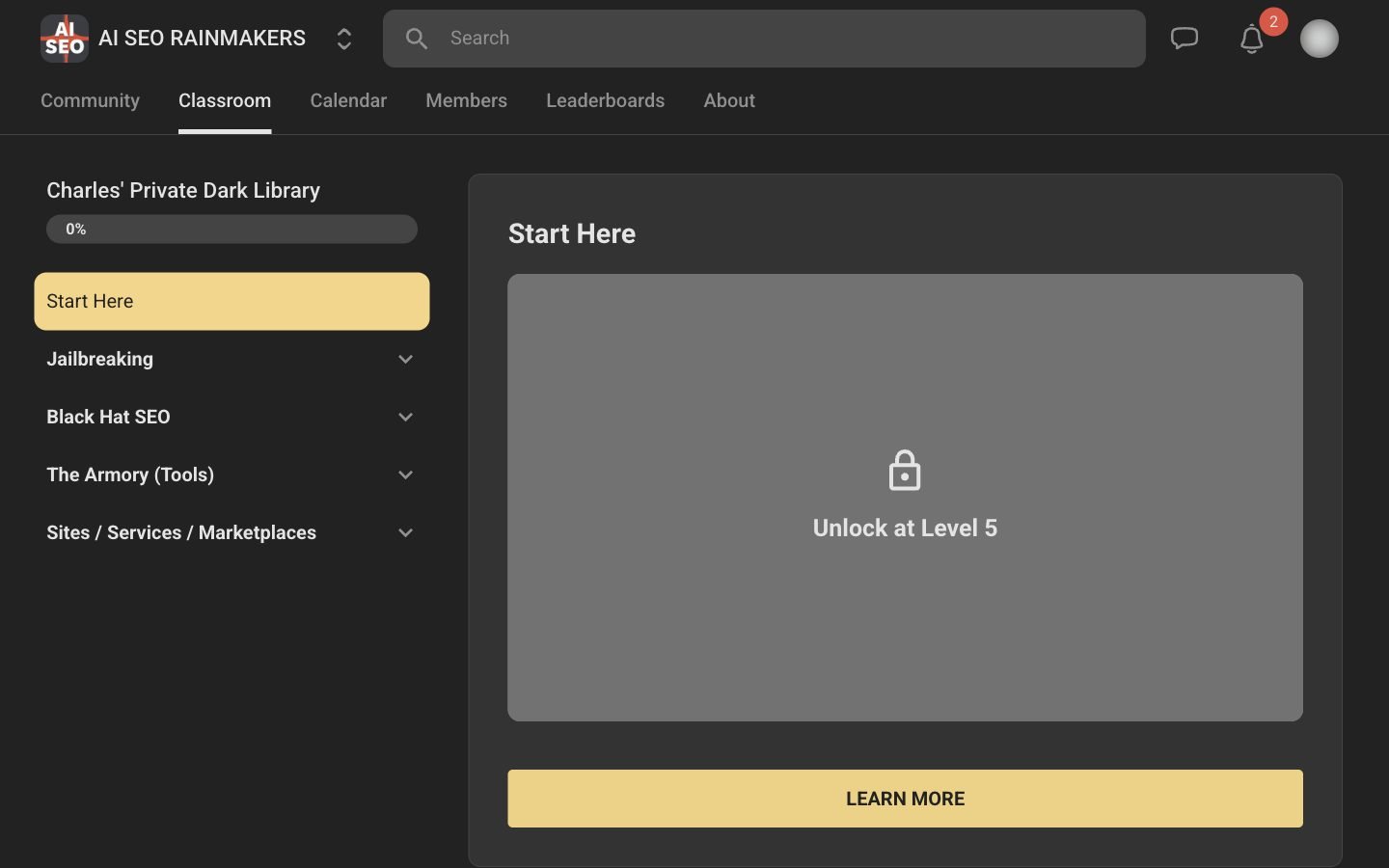The locked Dark Library course page inside AI SEO Rainmakers with five module names visible in the sidebar