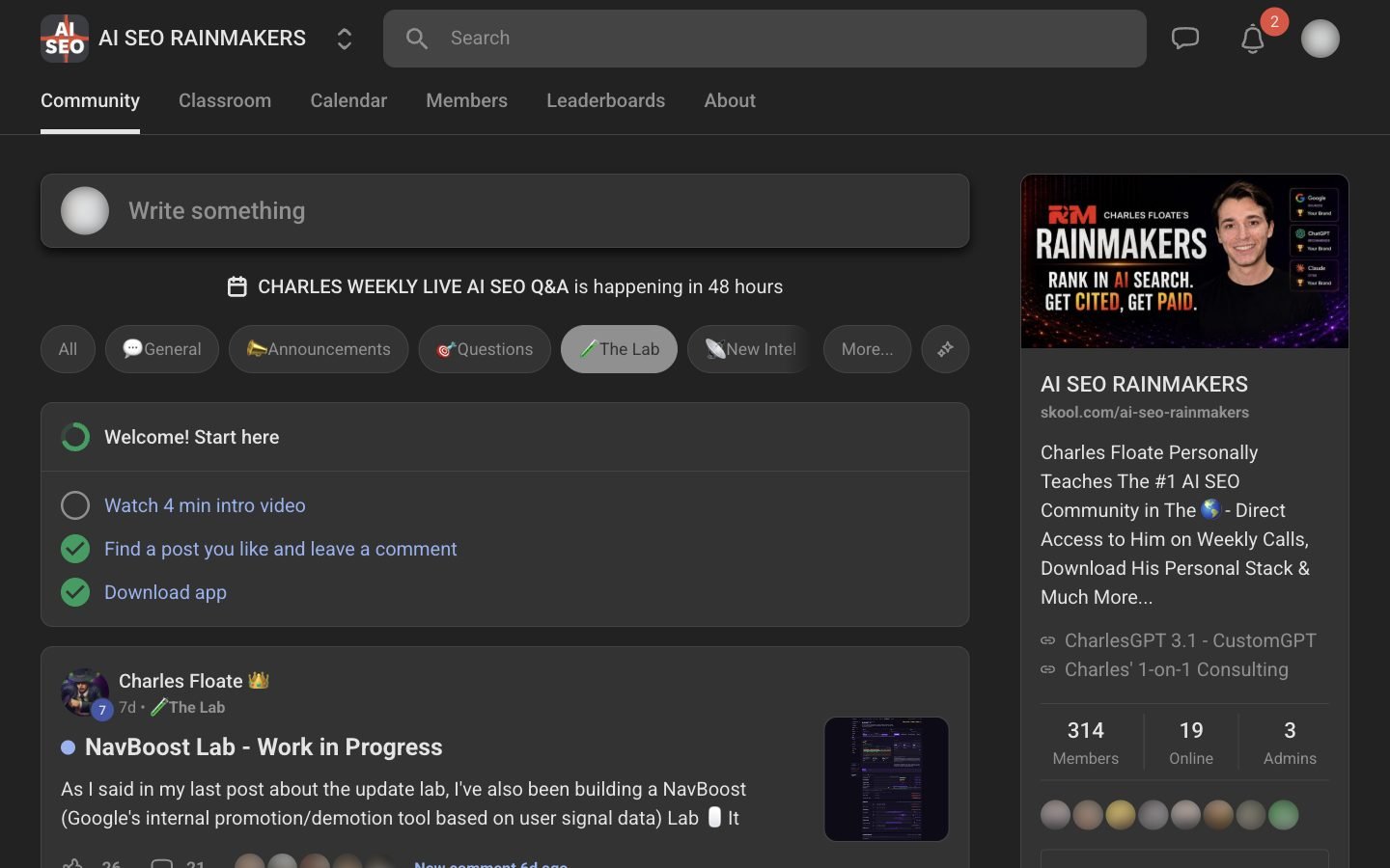 The Lab channel in the community feed, with a NavBoost Lab work-in-progress post by Charles Floate