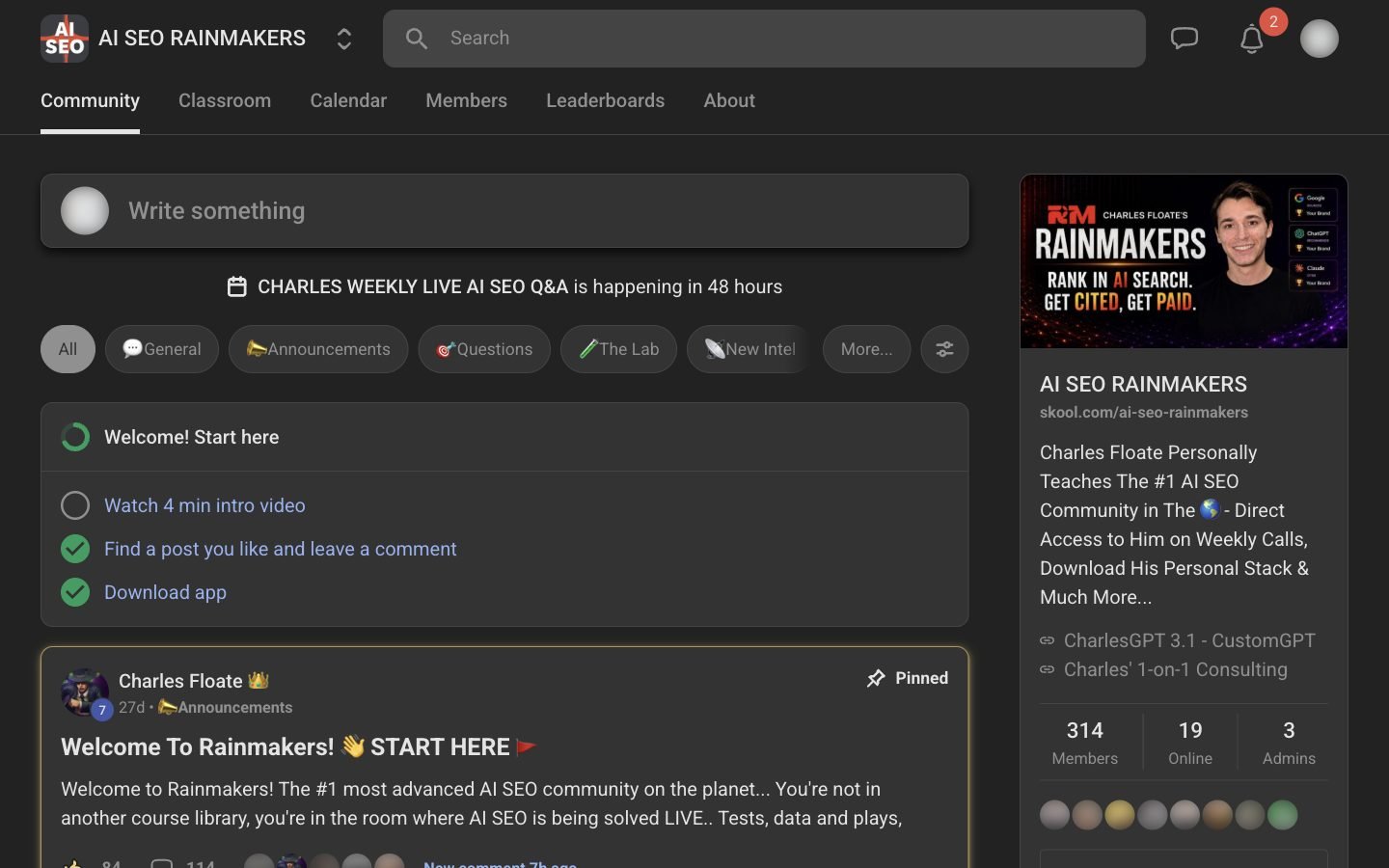 AI SEO Rainmakers community feed on Skool with the sidebar showing the CharlesGPT 3.1 CustomGPT link and Charles' 1-on-1 Consulting link