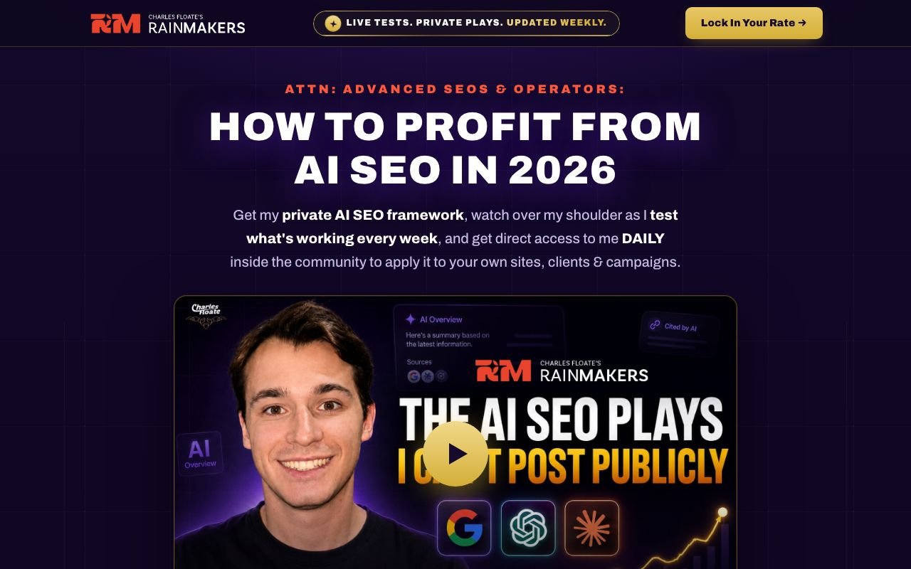 seo.stream sales page for AI SEO Rainmakers showing $269 per month, the plus $10 every 25 seats counter and the 7-day guarantee