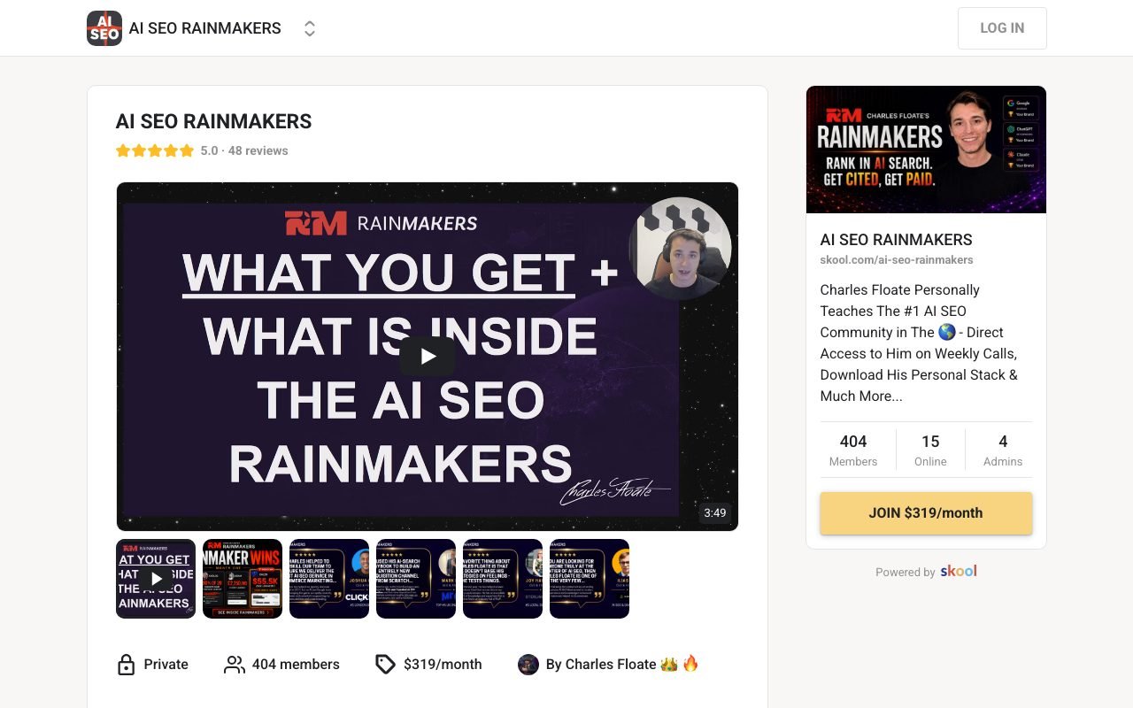 AI SEO Rainmakers about page on Skool showing $319 a month, 404 members and the join button