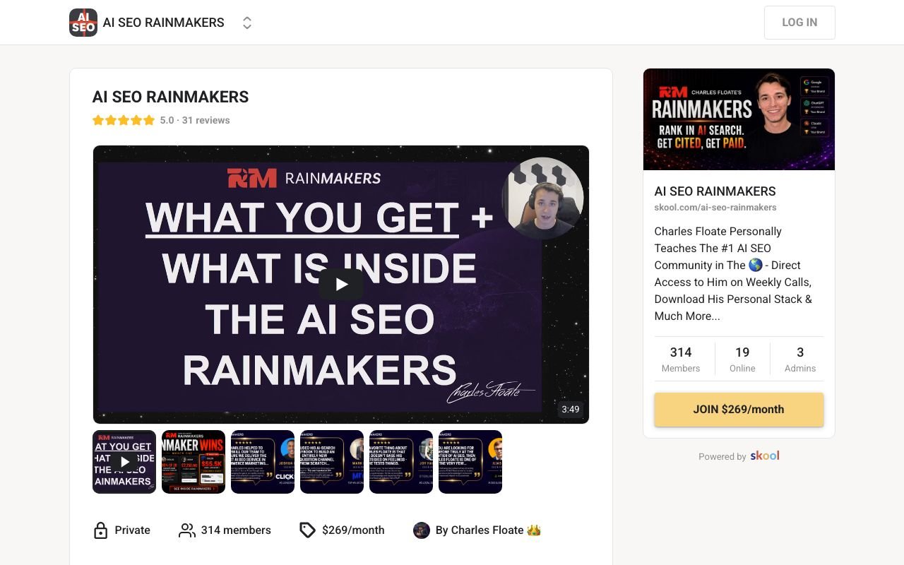 AI SEO Rainmakers Skool about page with the member reviews, bonus list and refund condition
